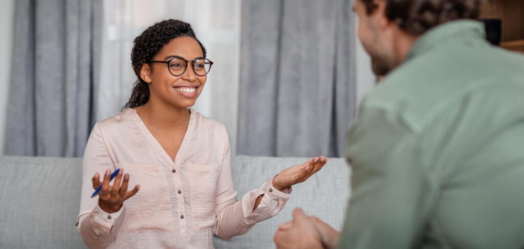 Therapist speaking with a client during addiction treatment in Somers Point.