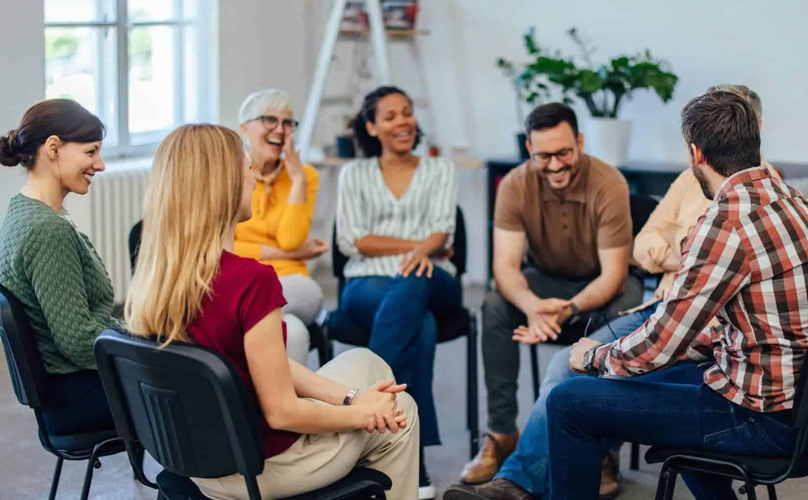 Clients participating in group therapy at a rehab near Northfield, NJ.