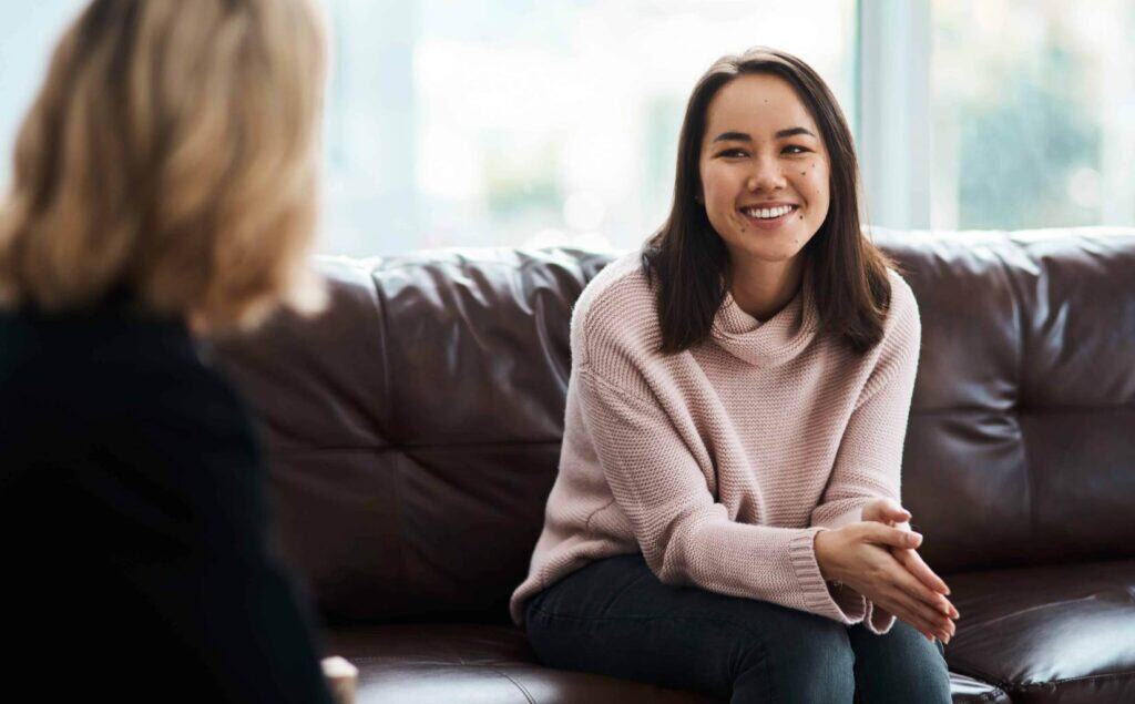 Woman feeling positive during therapy at a young adults rehab in South Jersey.